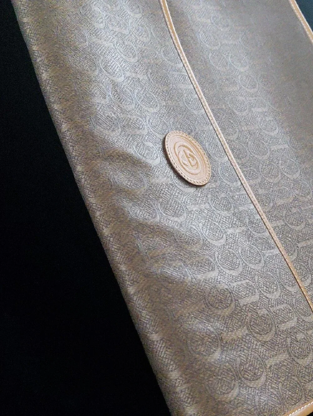 Vintage Gucci GG Monogram Laptop Messenger Unisex Bag Brown Leather Trim